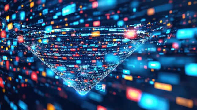 A futuristic visualization of a massive digital funnel, representing the concept of big data technology and information channels.