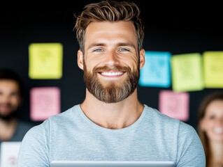 Confident young man with modern beard and sleek hairstyle standing in front of colorful sticky notes in a creative workspace looking professional and friendly