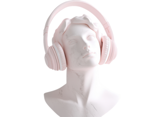 Isolated Marble Bust with Pink Headphones, Contemporary Art