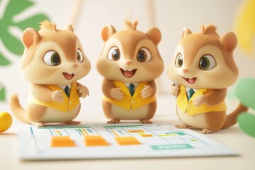 Fototapeta premium Three adorable chipmunk colleagues in yellow vests collaborate on a project plan, showcasing teamwork and organization.