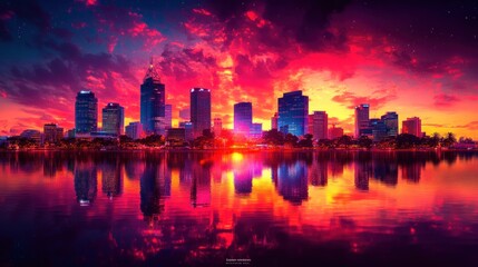 Fototapeta premium City skyline reflects in calm water during a sunset