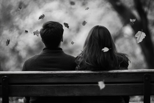 A couple sits on a bench, back to camera, in an autumnal park, leaves falling around them.
