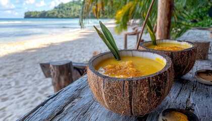 Indulge in the tropical allure of freshly squeezed orange juice, served in a rustic coconut shell adorned with vibrant tropical garnishes The scene evokes a sense of beachside bliss, inviting you to