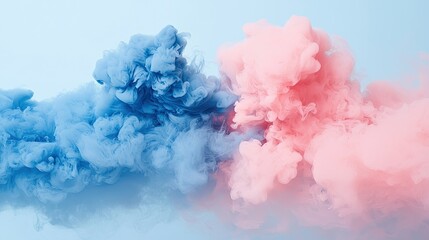 Fototapeta premium Pastel blue and pink ink clouds, abstract art, studio shot, light background, design element