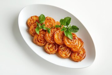 Fototapeta premium Golden, sweet, rose-shaped pastries garnished with fresh mint leaves, beautifully arranged on a white plate.
