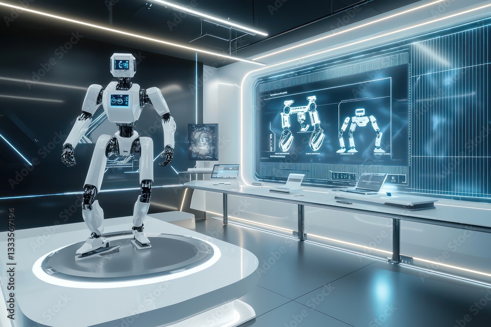 Poster ai prototypes in robotics studio displayed via holography.