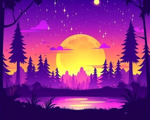 Forest lake sunset with big moon, starry night