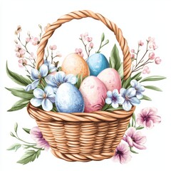 Easter basket filled with colorful eggs and spring flowers