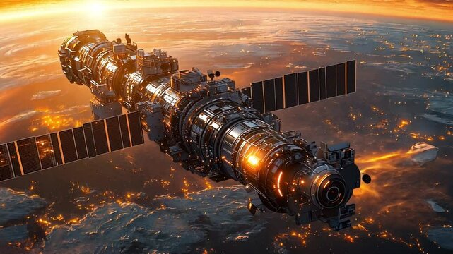 Orbital Sentinel: A highly detailed spacecraft, bathed in the golden light of dawn or dusk, orbits the Earth. The illuminated planet, a tapestry of city lights, provides a stunning backdrop.