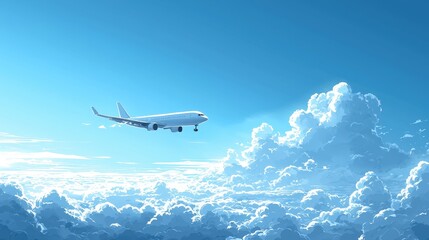 Fototapeta premium Airplane Flying High Above Fluffy Clouds in a Clear Blue Sky During Daytime Travel Adventure