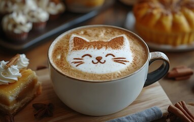 Cute cat latte art with pastries
