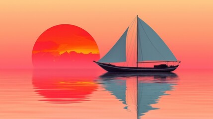 Fototapeta premium Serene Sunset with Sailing Boat on Calm Waters Reflecting Vibrant Colors of Dusk