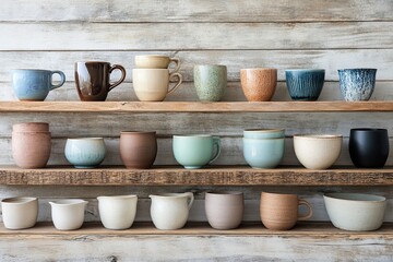 Various earthenware mugs and pottery pieces on the rough wooden shelf