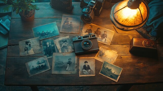 Nostalgic Still Life &ndash; Vintage Camera and Aged Photographs on Wooden Table