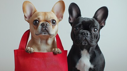 Fototapeta premium Two adorable dogs posing for a portrait with bags present