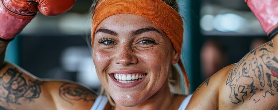 Witness raw determination and triumph This image captures a powerful female boxer celebrating after a tough training session, exhausted but victorious See her grit, sweat, and unwavering spirit shine