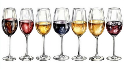 Beautiful Array of Different Glasses Filled with Various Types of Wine and Colors