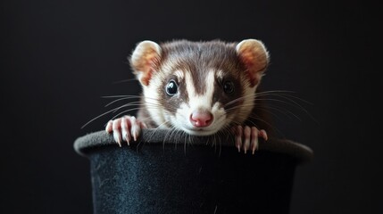 Curious Ferret in a Hat: A charming ferret peers out from a classic black top hat against a stark backdrop, its expressive eyes captivating the viewer.