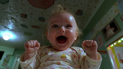 This high-resolution photograph captures the raw, unfiltered joy of a baby experiencing pure bliss The baby's face is a symphony of happiness, with wide, expressive eyes and a wide, open mouth