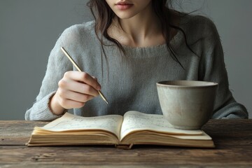 Obraz premium Young woman in grey sweater writes in an old book with a pencil, a cup of tea beside her.