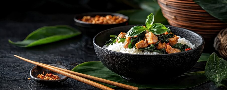 This image showcases a delicious plate of crispy pork and basil stir-fry, a vibrant and flavorful Thai dish that is often enjoyed as street food Served on a bed of fluffy white rice in a rustic black