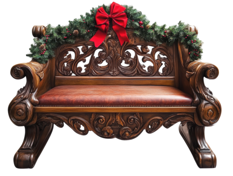 Isolated Antique Wooden Bench with Christmas Garland and Red Ribbon - Powered by Adobe