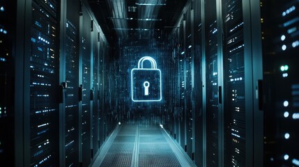 A hologram of a digital security lock projected in a modern server room, showcasing advanced technology for cybersecurity.