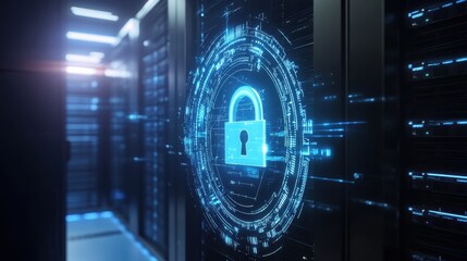 A hologram of a digital security lock projected in a modern server room, showcasing advanced technology for cybersecurity.