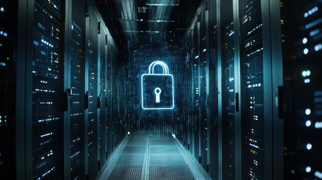 A hologram of a digital security lock projected in a modern server room, showcasing advanced technology for cybersecurity.
