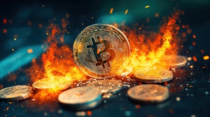A golden cryptocurrency coin surrounded by dynamic flames and coins
