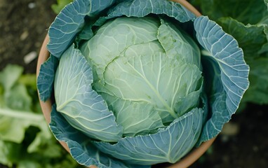 Fresh Green Cabbage in Garden, Top View