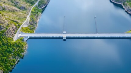 Fototapeta premium Aerial View of Modern Dam Structure Over Calm Water Surface