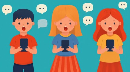 Fototapeta premium Three colorful characters engage in lively conversations using smartphones, highlighting modern communication trends.