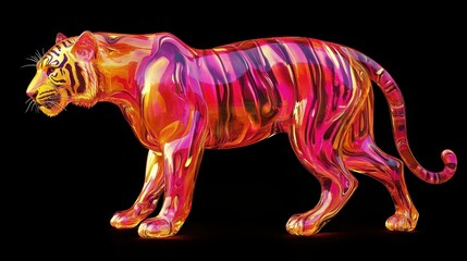 Fototapeta premium A hyper-realistic 3D render of a full-body tiger with vibrant pink and yellow hues, styled in fluid art.
