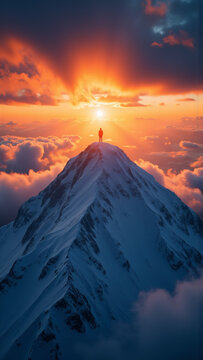 Climbing and winning: A lone figure stands triumphantly atop a snowy mountain peak, basking in the breathtaking view of a spectacular sunrise or sunset. The essence of human endurance and achievement.