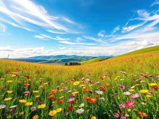 Fototapeta premium Vibrant Wildflower Meadow in Rolling Hills Under Blue Sky