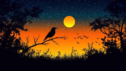Obraz premium Serene Sunset Scene with Silhouetted Bird on Branch against Starry Sky and Bright Moon