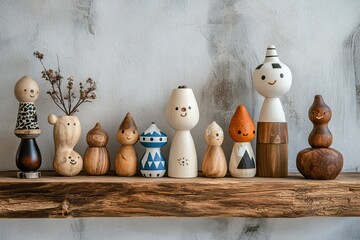 Various handcrafted wooden toys and figurines on the rough wooden shelf