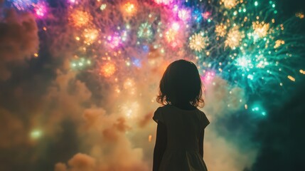 A little girl stands with her back to the viewer, gazing up at a dazzling fireworks display on New Year's Eve.