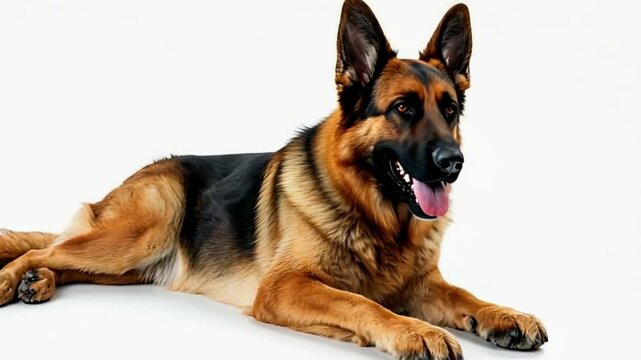German shepherd dog lies down with a happy expression isoated on white background