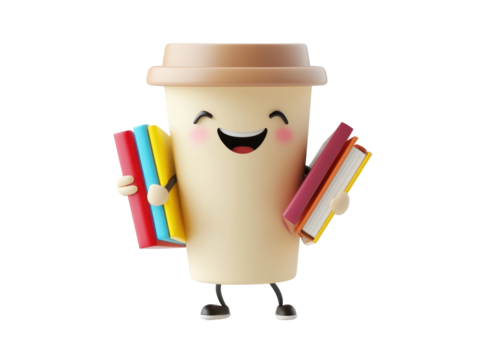 Isolated Cute Cartoon Coffee Cup Character Holding Books with a Cheerful Smile
