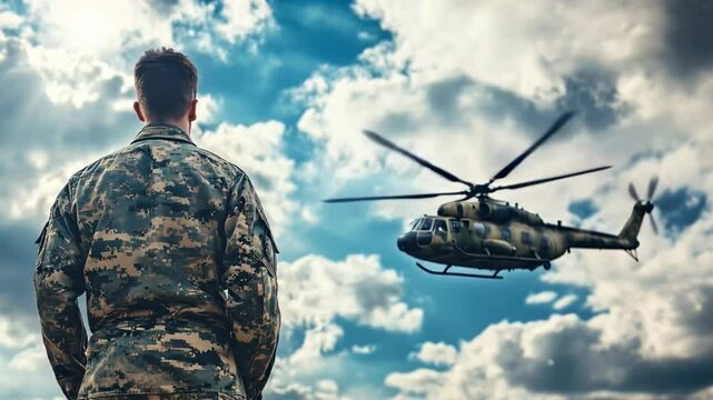 A man in a military uniform stands with his back to the viewer and looks at a helicopter flying in the sky.