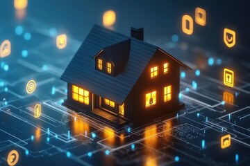 Smart Home Concept with Digital Icons and Illuminated Windows