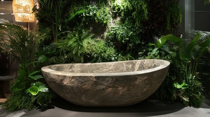 A luxurious natural stone bathtub is surrounded by lush green plants, creating a serene and earthy atmosphere.