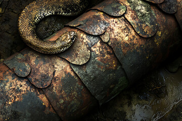 Fototapeta premium A detailed of a snake s textured scales as it slithers near a rusted pipeline blending into the industrial setting