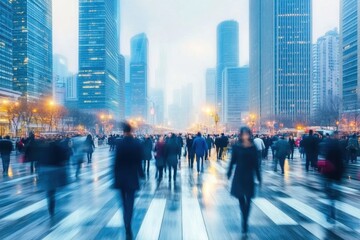 Obraz premium City Crowd in Motion: A blurred capture of a bustling crowd navigating a modern city, framed by towering skyscrapers that reach towards the sky in an urban scene.
