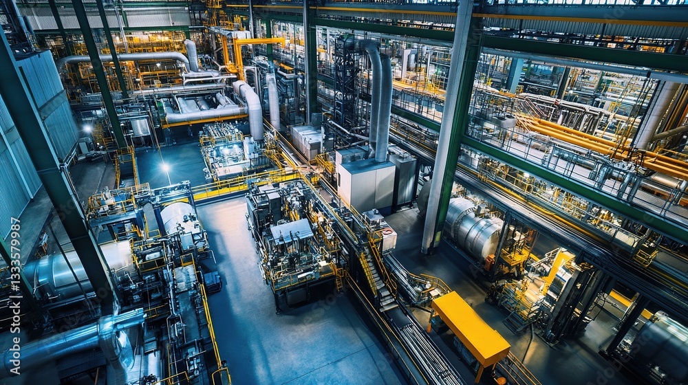 Poster large scale factory machinery in action with dynamic operations