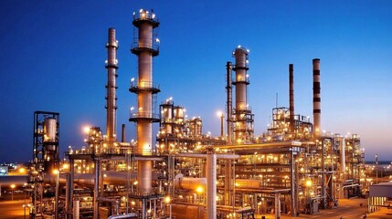 Obraz premium Industrial Oil Refinery Plant at Night with Illuminated Structures