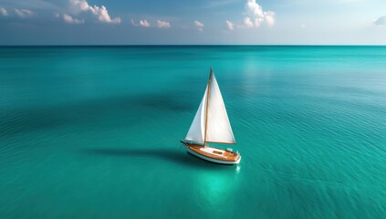 Aerial view of a solitary sailboat floating on calm turquoise ocean water with minimal ripples creating a serene and peaceful scene perfect for travel and adventure themes