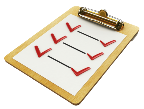 Isolated Wooden Clipboard with Check Marks and Red Ticks